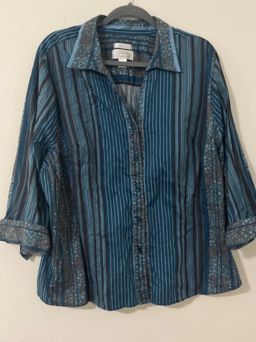 CJ Banks 3X Button Front Shirt 3/4 Sleeves Teal Multicolor Print
